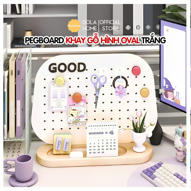 Bảng Oval Trắng – Pegboard khay gỗ kim loại Dola Home