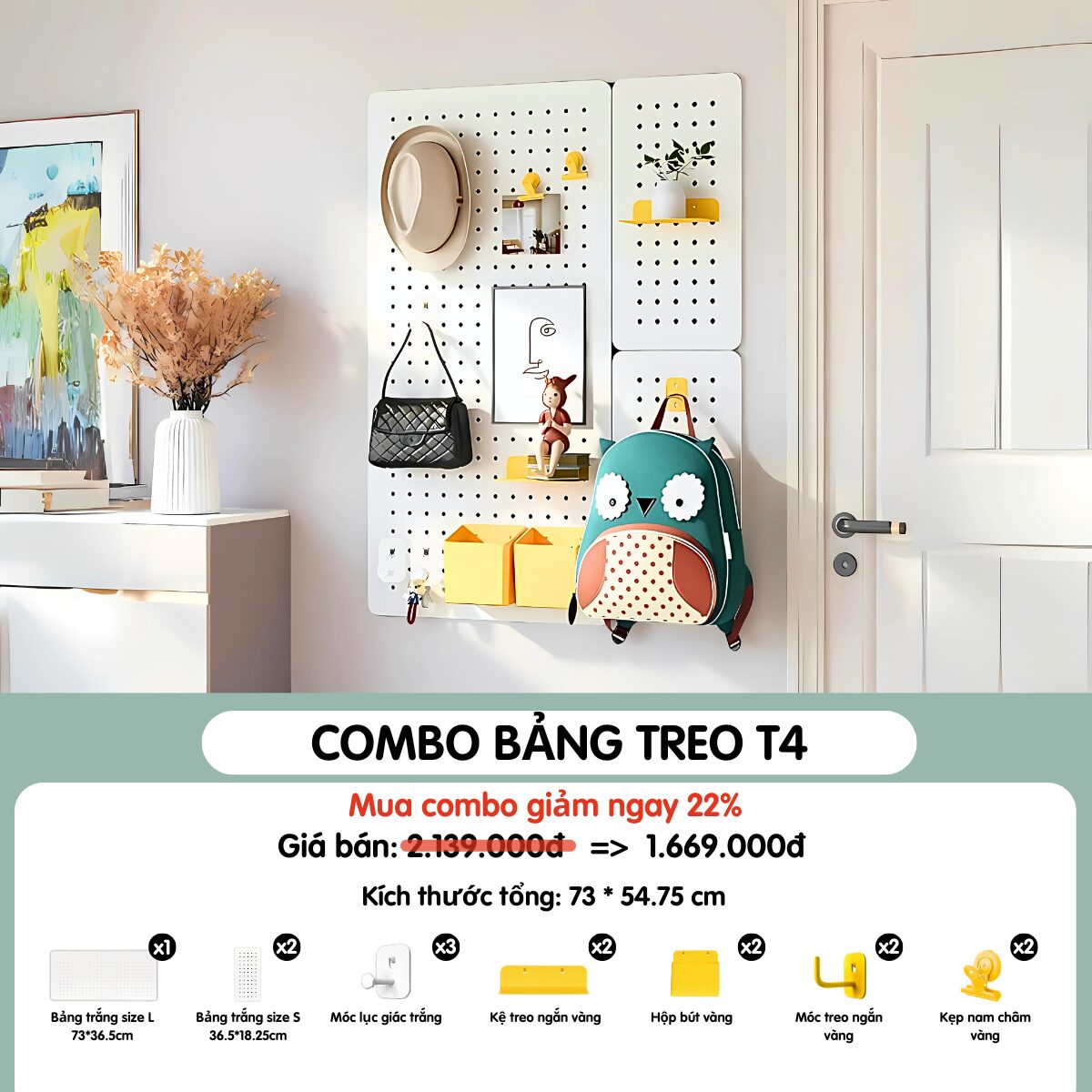 Combo bảng lỗ pegboard decor treo tường Dola Home T4 lắp đặt ở bếp – bảng màu xanh mint, phụ kiện đầy đủ, trang trí tiện nghi cho nhà hiện đại