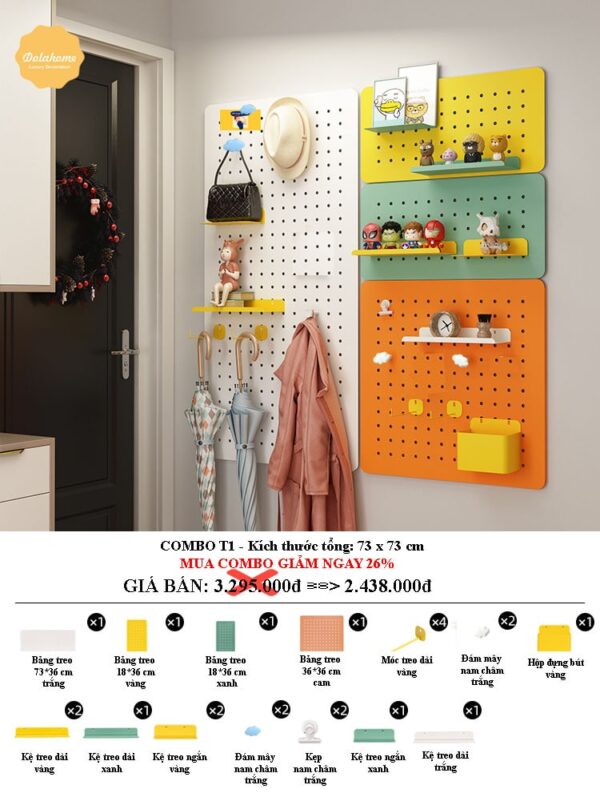 Combo bảng pegboard treo tường T1 Dola Home – gồm bảng lớn 73x36cm và nhiều phụ kiện decor kèm móc treo, hộp đựng, bảng mini màu sắc nổi bật, tối ưu cho decor phòng hiện đại.