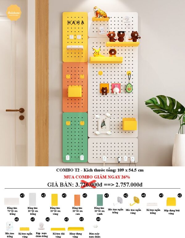 Combo bảng pegboard treo tường decor T2 – bảng kim loại nhiều màu, phụ kiện đa dạng, giảm giá 26%, thiết kế gọn đẹp, dễ lắp đặt.