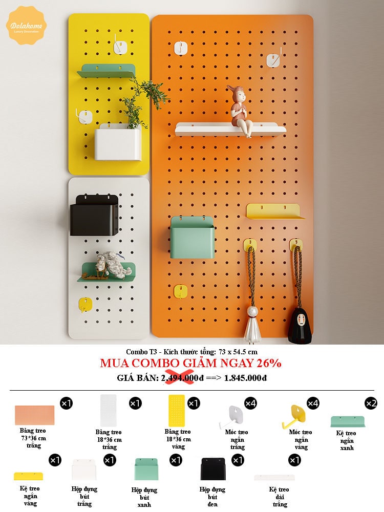 Combo bảng lỗ pegboard decor treo tường Dola Home T3 gồm bảng kim loại nhiều màu kèm móc treo, hộp bút, kệ ngắn – decor hiện đại, setup gọn gàng cho phòng khách, góc học tập, bàn làm việc.