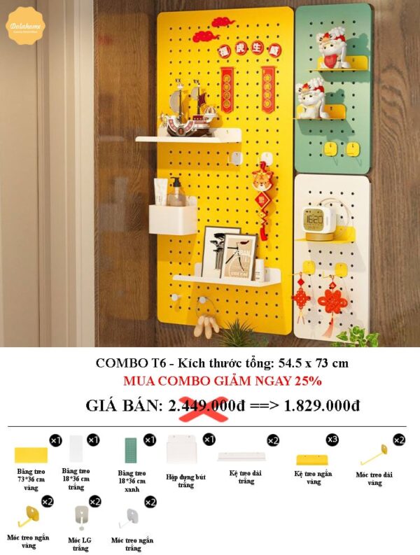 Combo bảng lỗ pegboard T6 Dola Home treo tường – bảng vàng, trắng, xanh mint – decor treo đồ trang trí gọn gàng và nổi bật.