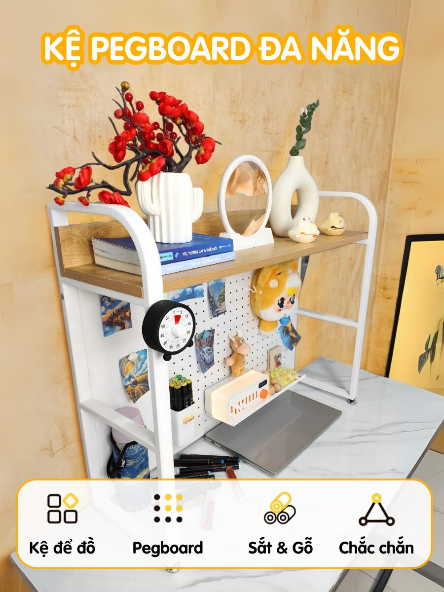 Kệ pegboard đa năng để bàn Dola Home chất liệu sắt sơn tĩnh điện, kết hợp gỗ tiện lợi decor học tập làm việc