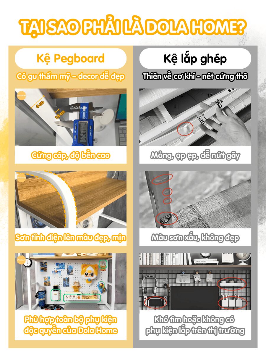 So sánh kệ pegboard Dola Home với kệ lắp ghép thường – chất lượng, thẩm mỹ và độ bền vượt trội