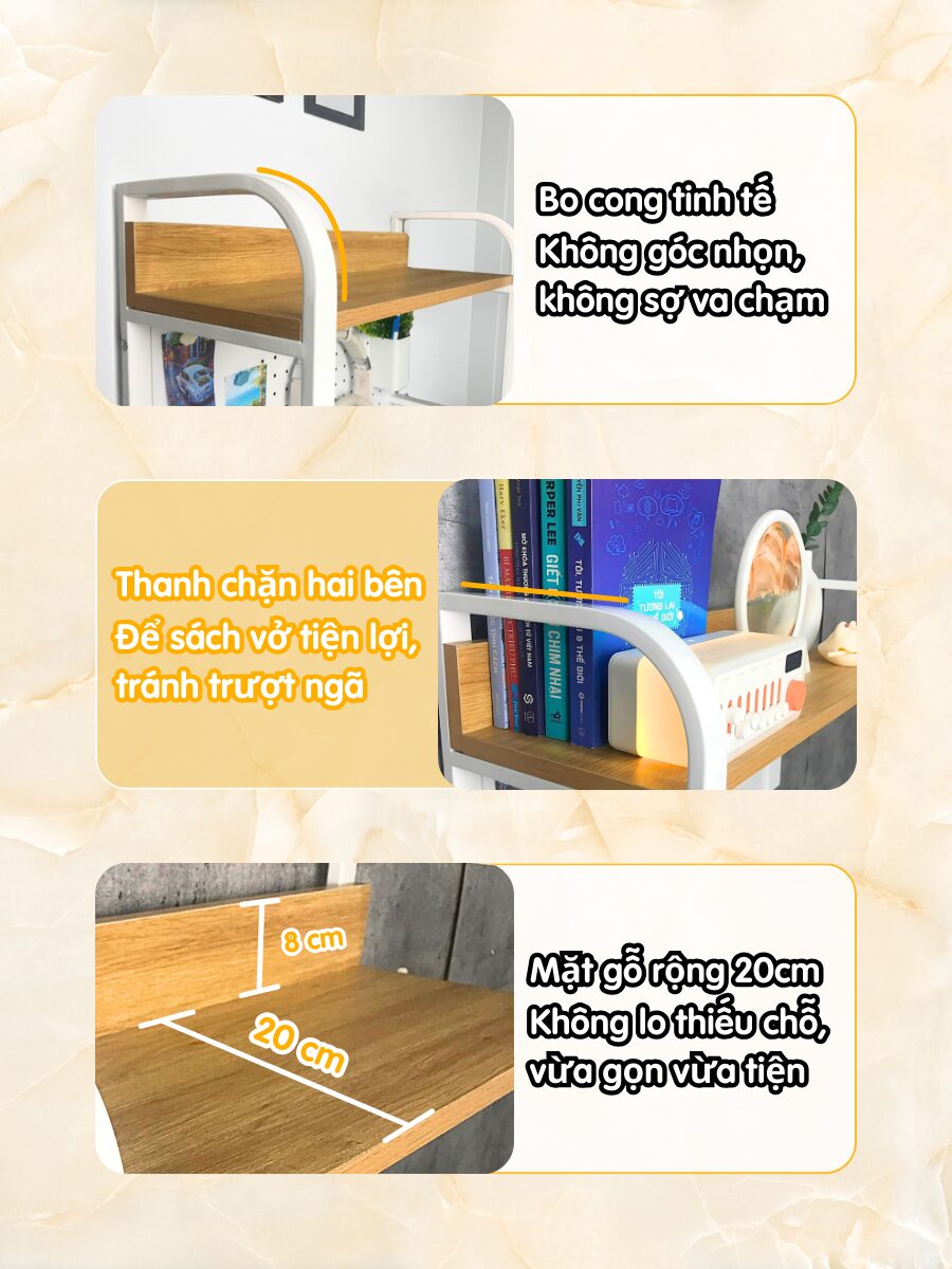 Thiết kế bo cong an toàn, mặt gỗ rộng 20cm tiện dụng – kệ để bàn pegboard Dola Home chắc chắn và tinh tế