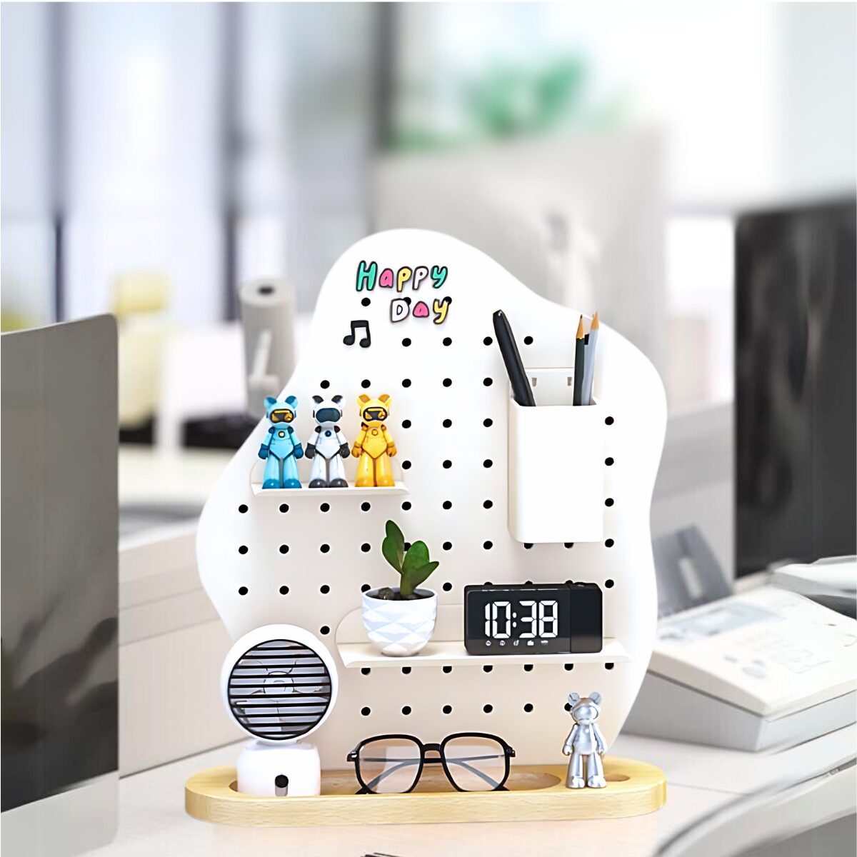 Góc học tập nhỏ gọn trang trí với pegboard khay gỗ hình stone, phối phụ kiện hiện đại