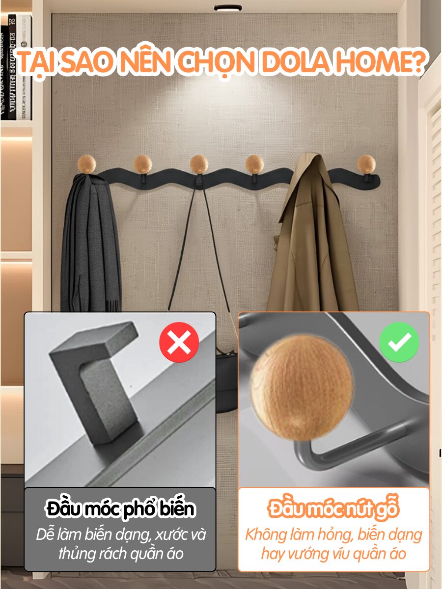 So sánh móc treo đen Dola Home với loại phổ thông – đầu móc nút gỗ không làm hỏng vải, bền đẹp và an toàn hơn.
