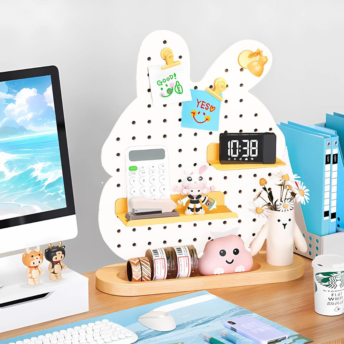 Trang trí phòng học sinh động cùng pegboard hình thỏ, kệ để máy tính, giấy note, đồng hồ