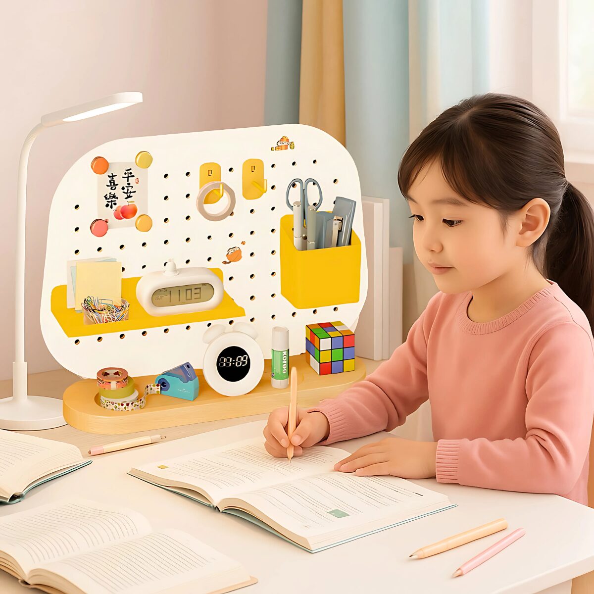 Bé gái tự học tại bàn với pegboard khay gỗ hình oval, sắp xếp đồ dùng học tập gọn gàng