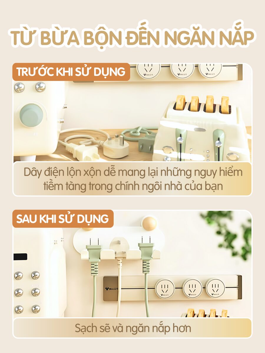 so sánh trước và sau khi sử dụng móc treo dán tường: dây điện gọn, decor cute cho nhà hơn