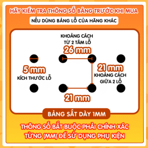 Thông số bảng lỗ pegboard Dola Home – khoảng cách 26mm, lỗ tròn 5mm, dùng cho phụ kiện pegboard chuẩn