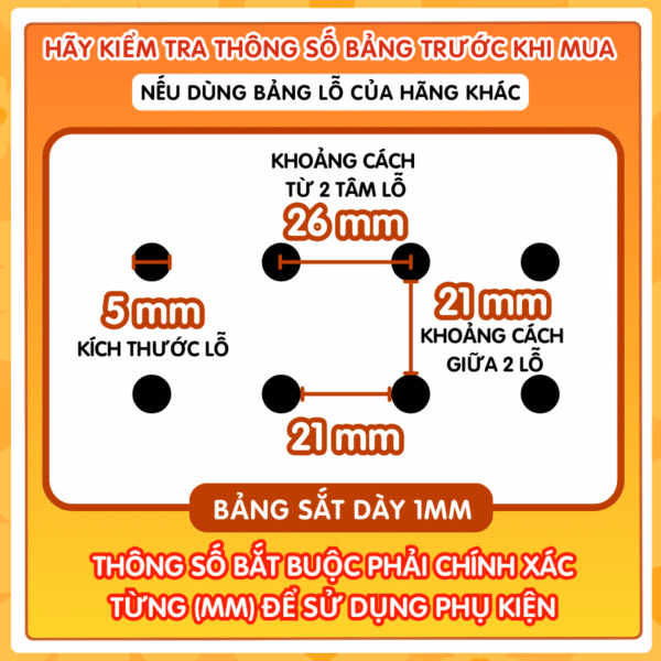 Thông số bảng lỗ pegboard Dola Home – khoảng cách 26mm, lỗ tròn 5mm, dùng cho phụ kiện pegboard chuẩn
